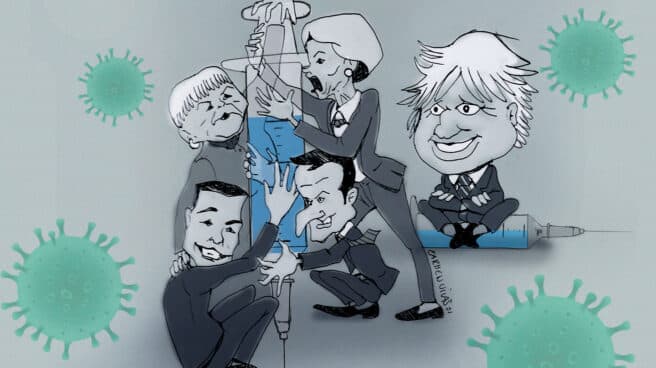 politicos-vacuna Caricatura de Merkel, Macron, Sánchez y Von der Leyen abrazando la vacuna y Boris Johnson mirando la escena jocoso
