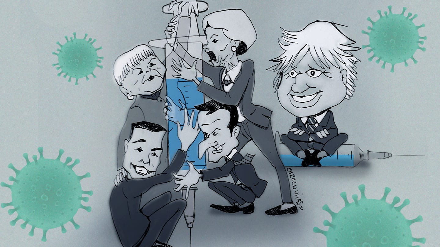 Caricatura de Merkel, Macron, Sánchez y Von der Leyen abrazando la vacuna y Boris Johnson mirando la escena jocoso