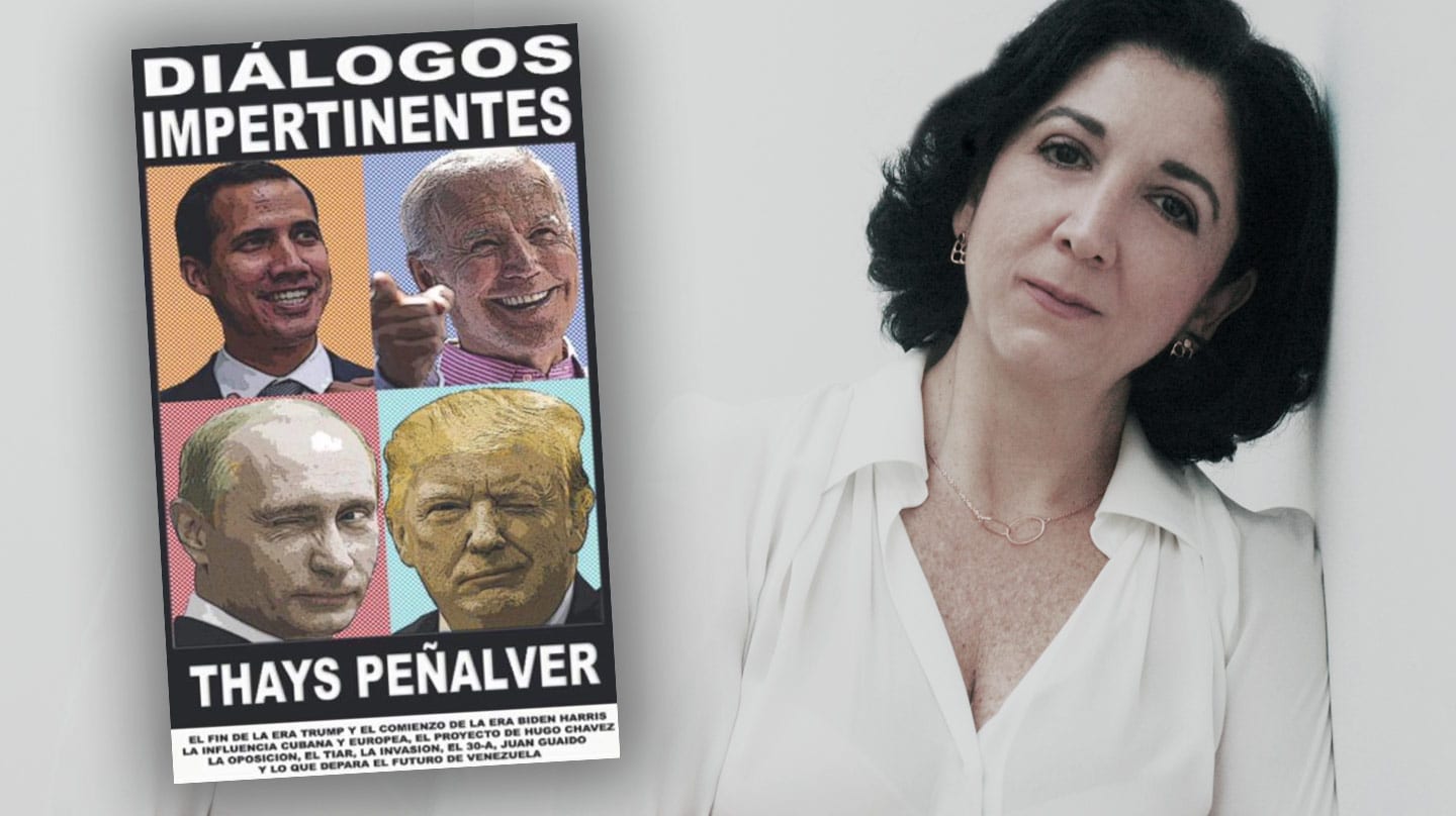 Imagen de Thays Peñalver con la portada de su libro Diálogos Impertinentes