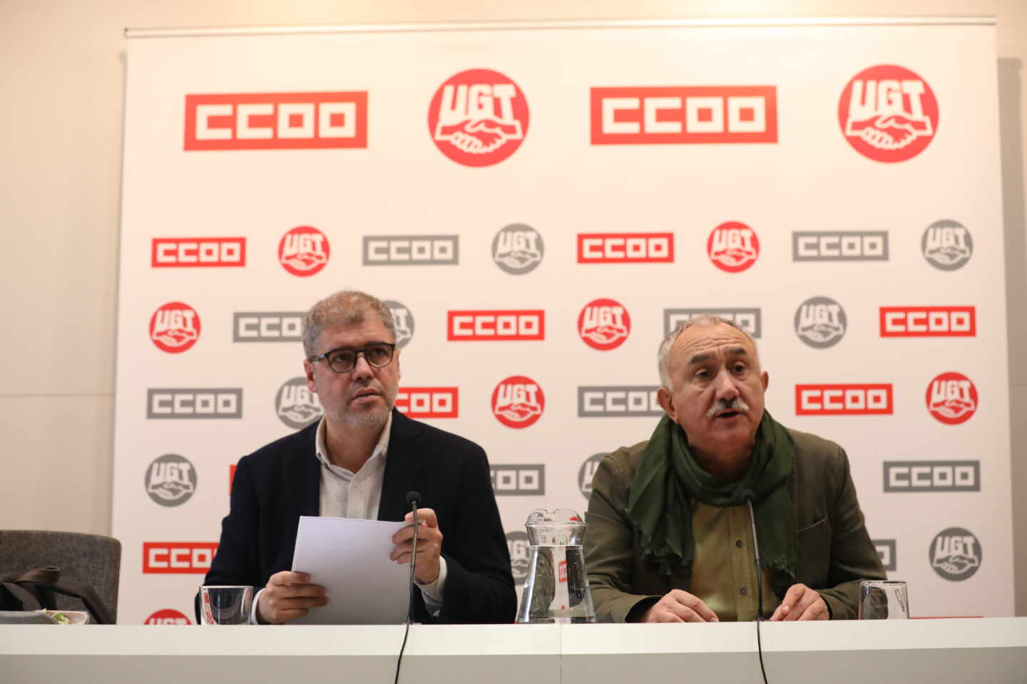 Unai Sordo (CCOO) y José Álvarez (UGT), en una comparecencia informativa conjunta.