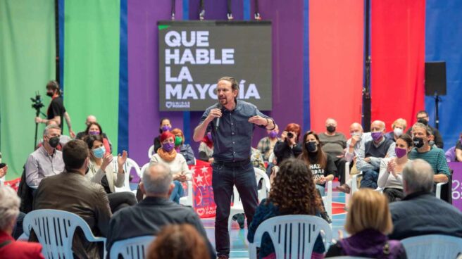 El candidato de Unidas Podemos a la Presidencia de la Comunidad, Pablo Iglesias, interviene durante un acto del partido