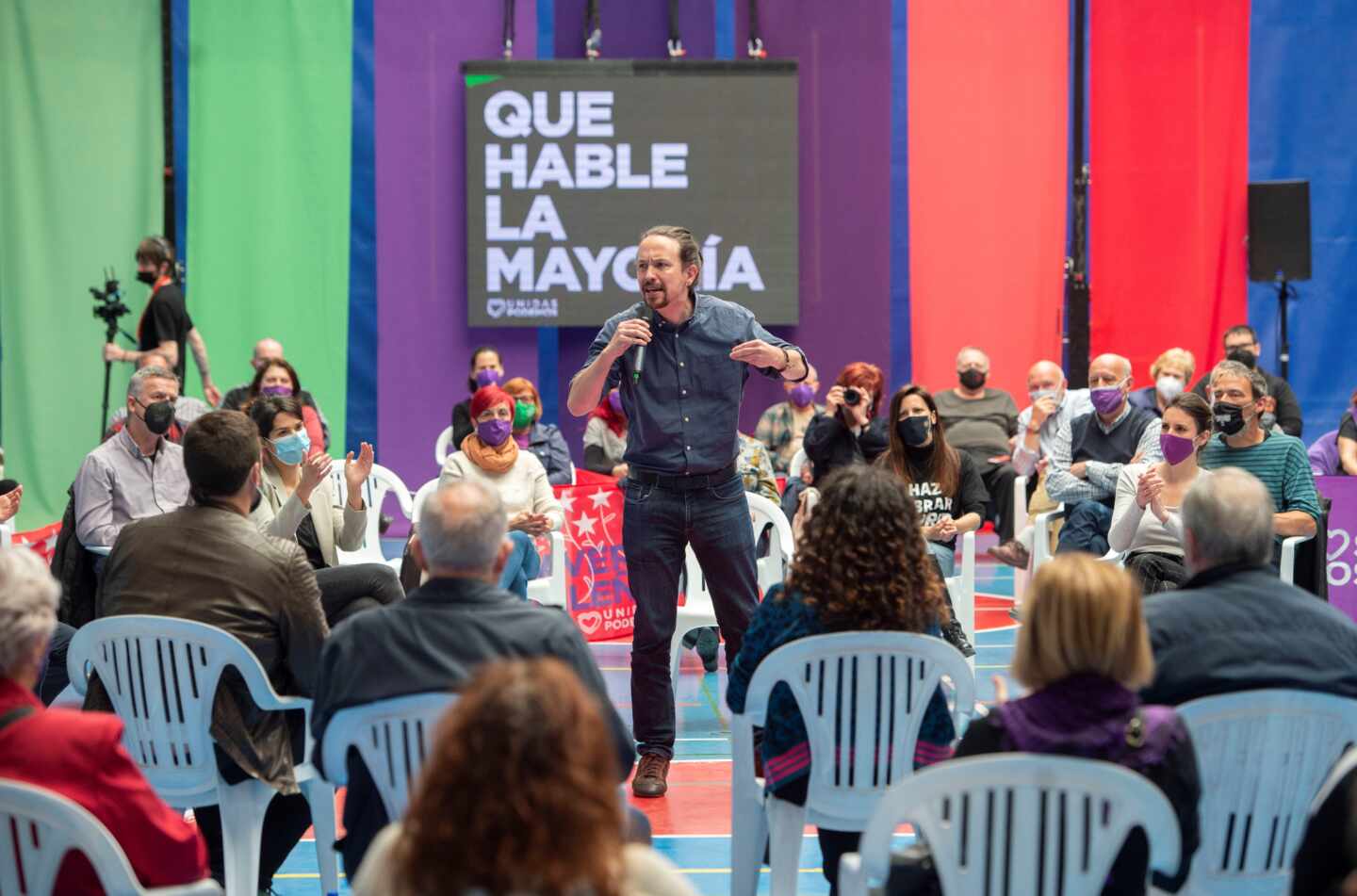 El candidato de Unidas Podemos a la Presidencia de la Comunidad, Pablo Iglesias, interviene durante un acto del partido