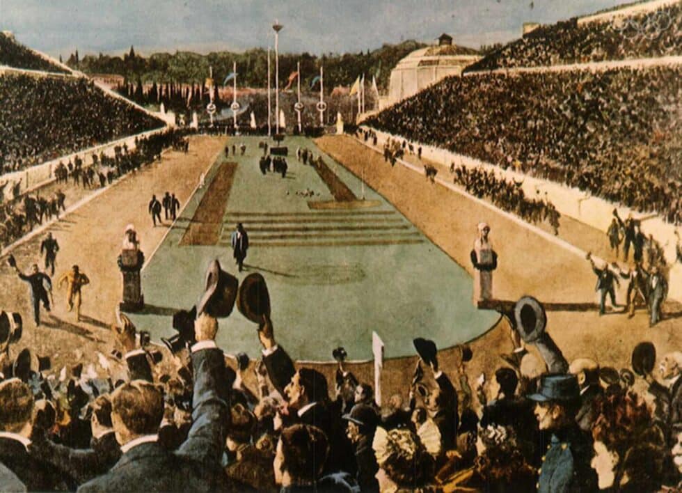 Pintura del momento en que el atleta griego Spyridon Louis da una vuelta de honor tras ganar el maratón