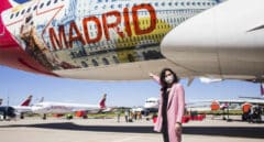 Isabel Díaz Ayuso durante la presentación del avión de la compañía Iberia con la imagen de la Comunidad de Madrid