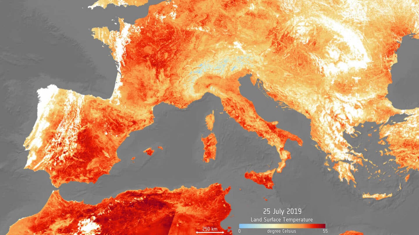 Mapeo de la Agencia Espacial Europea (ESA) de la ola de calor extrema en Europa en julio 2019. El mapa se genera utilizando el radiómetro de temperatura de la superficie terrestre y del mar de Copernicus Sentinel-3.