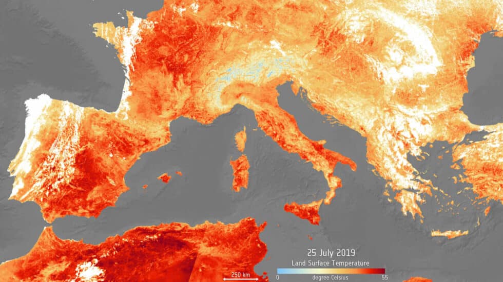 Mapeo de la Agencia Espacial Europea (ESA) de la ola de calor extrema en Europa en julio 2019. El mapa se genera utilizando el radiómetro de temperatura de la superficie terrestre y del mar de Copernicus Sentinel-3.