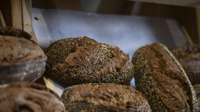 Unas hogazas de pan de semillas en el mostrador de una panadería. Unas hogazas de pan de semillas en el mostrador de una panadería.