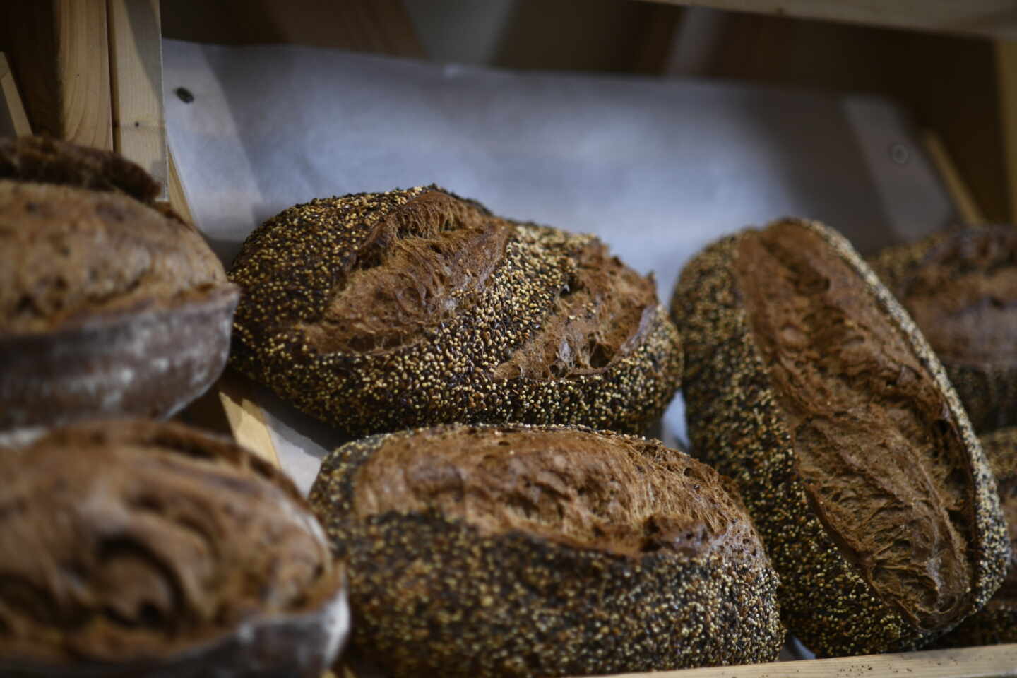 Unas hogazas de pan de semillas en el mostrador de una panadería.