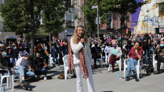 La vicepresidenta tercera y ministra de Trabajo, Yolanda Díaz, en el mitin de Podemos en Lavapiés. La vicepresidenta tercera y ministra de Trabajo, Yolanda Díaz, en el mitin de Podemos en Lavapiés.