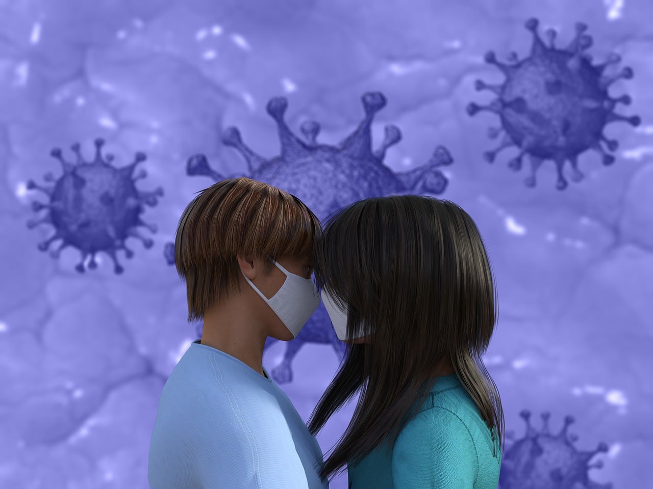 Dos personas besándose con la mascarilla y un fondo artificial del coronavirus