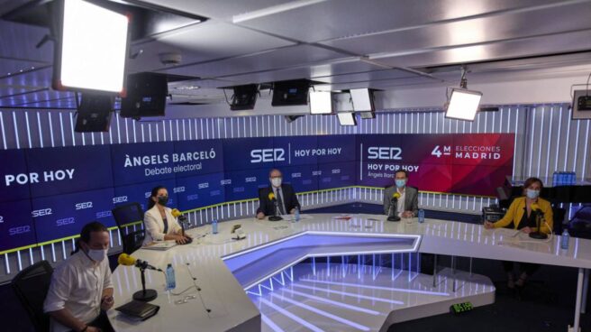 El debate de la SER finaliza antes de tiempo por el abandono de Iglesias, Gabilondo y Mónica García Los candidatos de UP, Pablo Iglesias; Vox, Rocío Monasterio; PSOE, Ángel Gabilondo; Cs, Edmundo Bal, y Más Madrid, Mónica García, en la SER.