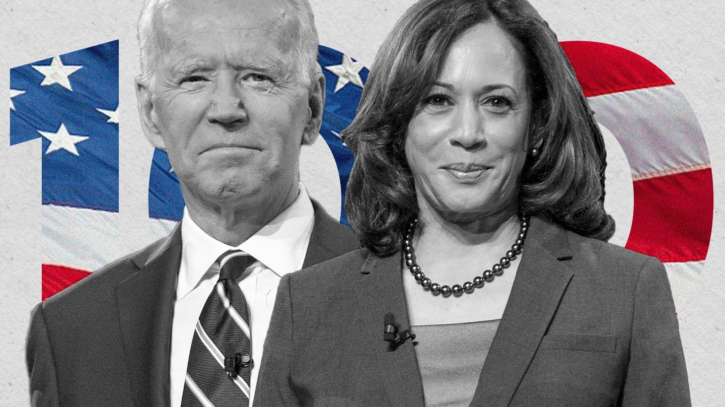 Imagen de Joe Biden y Kamala Harris con un 100 en el fondo con la bandera de EEUU