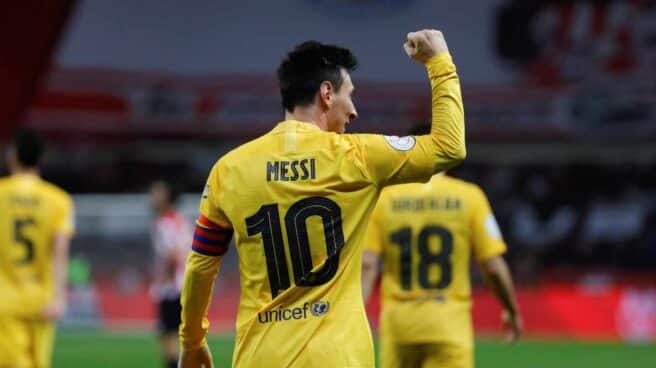ATHLETIC CLUB / FC BARCELONA El delantero argentino del FC Barcelona, Leo Messi, celebra uno de los goles conseguidos en la final de la Copa del Rey