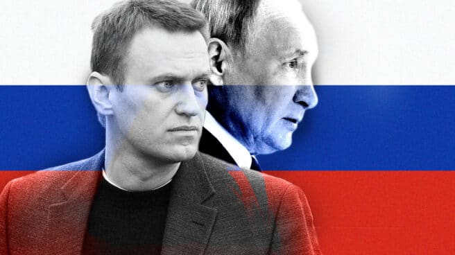 Imagen de Navalni y Putin con la bandera rusa de fondo