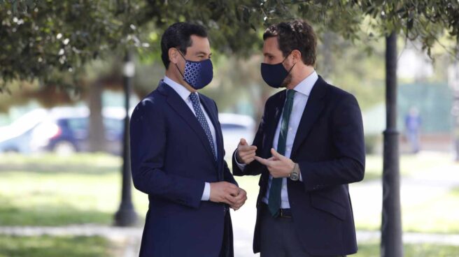 El líder del PP, Pablo Casado, y el presidente en funciones de la Junta de Andalucía, Juanma Moreno. El líder del PP, Pablo Casado, y el presidente en funciones de la Junta de Andalucía, Juanma Moreno.