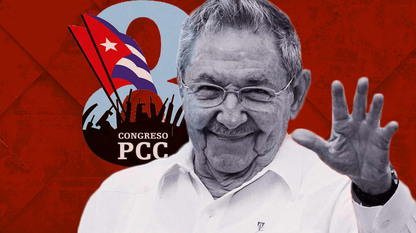 Imagen de Raúl Castro con el logo de el octavo congreso del PCC