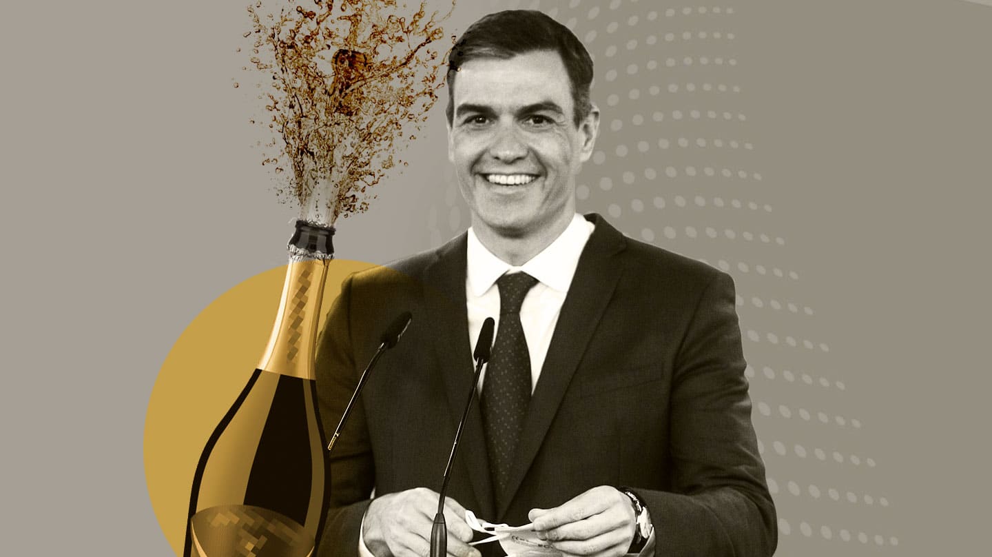Imagen de Pedro sánchez al lado de una botella de Champagne