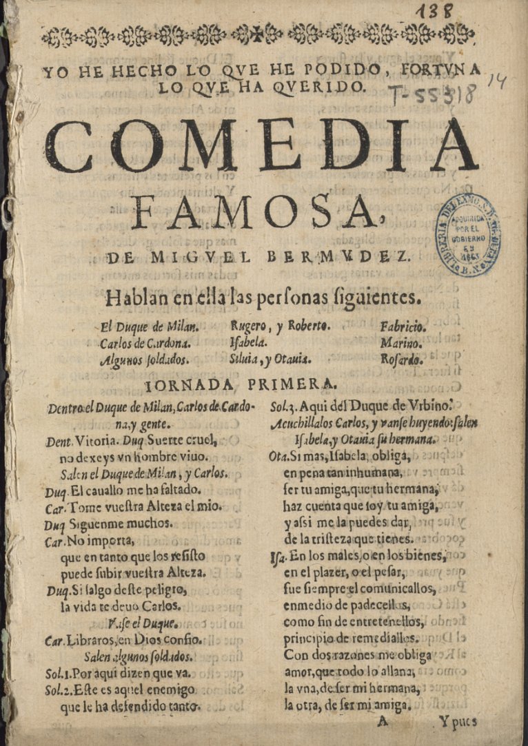 Descubren en la Biblioteca Nacional una comedia desconocida de Lope de Vega