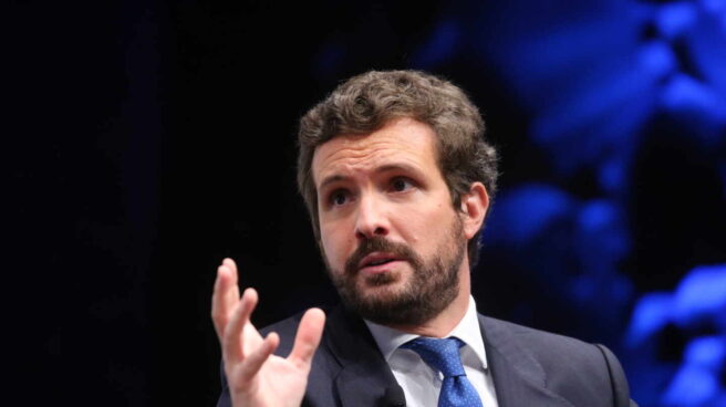 El líder del PP, Pablo Casado, interviene en la segunda jornada del IV Congreso Iberoamericano, a 18 de mayo de 2021, en el CaixaForum, Madrid, (España).