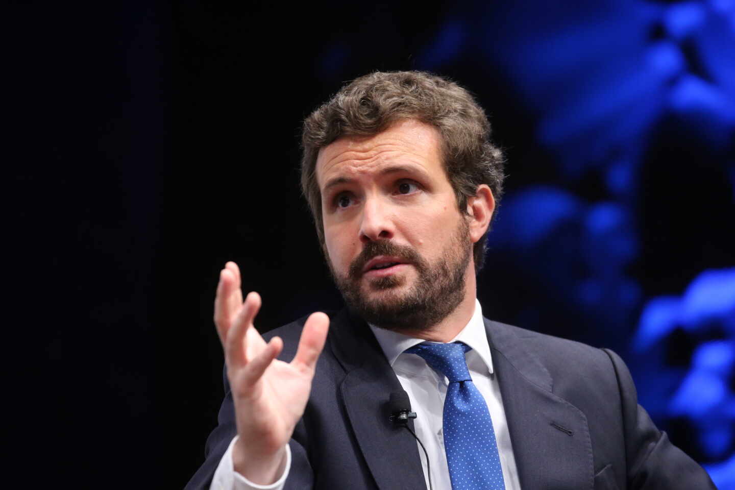 El líder del PP, Pablo Casado, interviene en la segunda jornada del IV Congreso Iberoamericano, a 18 de mayo de 2021, en el CaixaForum, Madrid, (España).