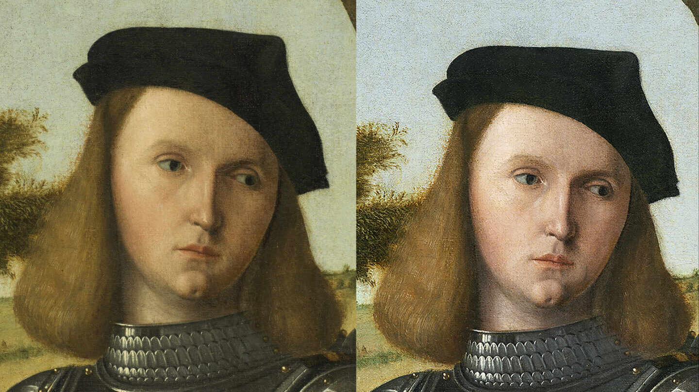 Imagen del antes y el después en el rostro del caballero del cuadro