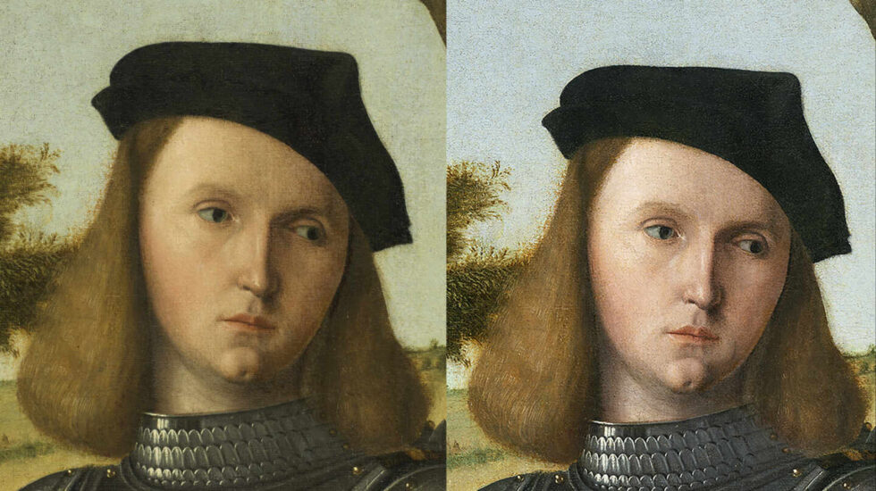 Imagen del antes y el después en el rostro del caballero del cuadro