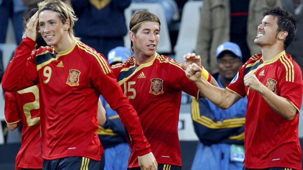 Fernando Torres, Sergio Ramos y David Villa, en un partido de la Copa Confederaciones 2009