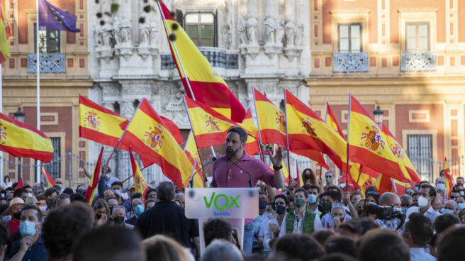 El presidente nacional de Vox, Santiago Abascal, durante una manifestación frente al Palacio de San Telmo (Sevilla)