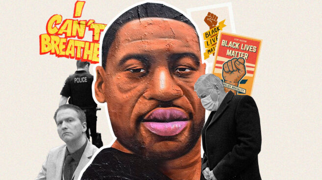 aniversario-george-floyd Collage del retrato de George Floyd con carteles de Black Lives Matter y el policía responsable, Derek Chauvin