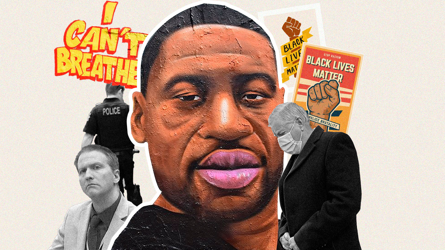 Collage del retrato de George Floyd con carteles de Black Lives Matter y el policía responsable, Derek Chauvin