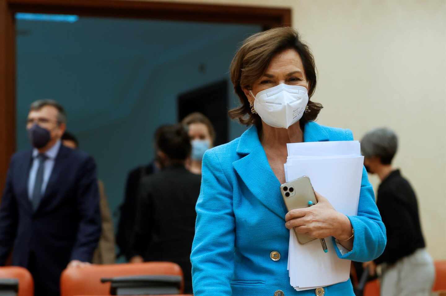 Carmen Calvo, en el Congreso durante una comparecencia en la comisión constitucional.