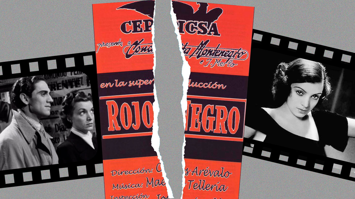 Montaje de la película Rojo y Negro con un corte en medio del cartel y dos fotogramas detrás