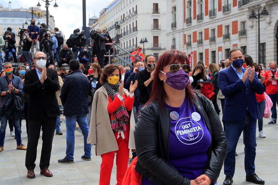 Gabilondo, Calvo, Iglesias y Ábalos, en la manifestación del 1-M.