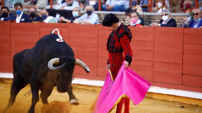 El torero Finito de Córdoba, con el capote en la corrida de la Feria de Córdoba celebrada este domingo.