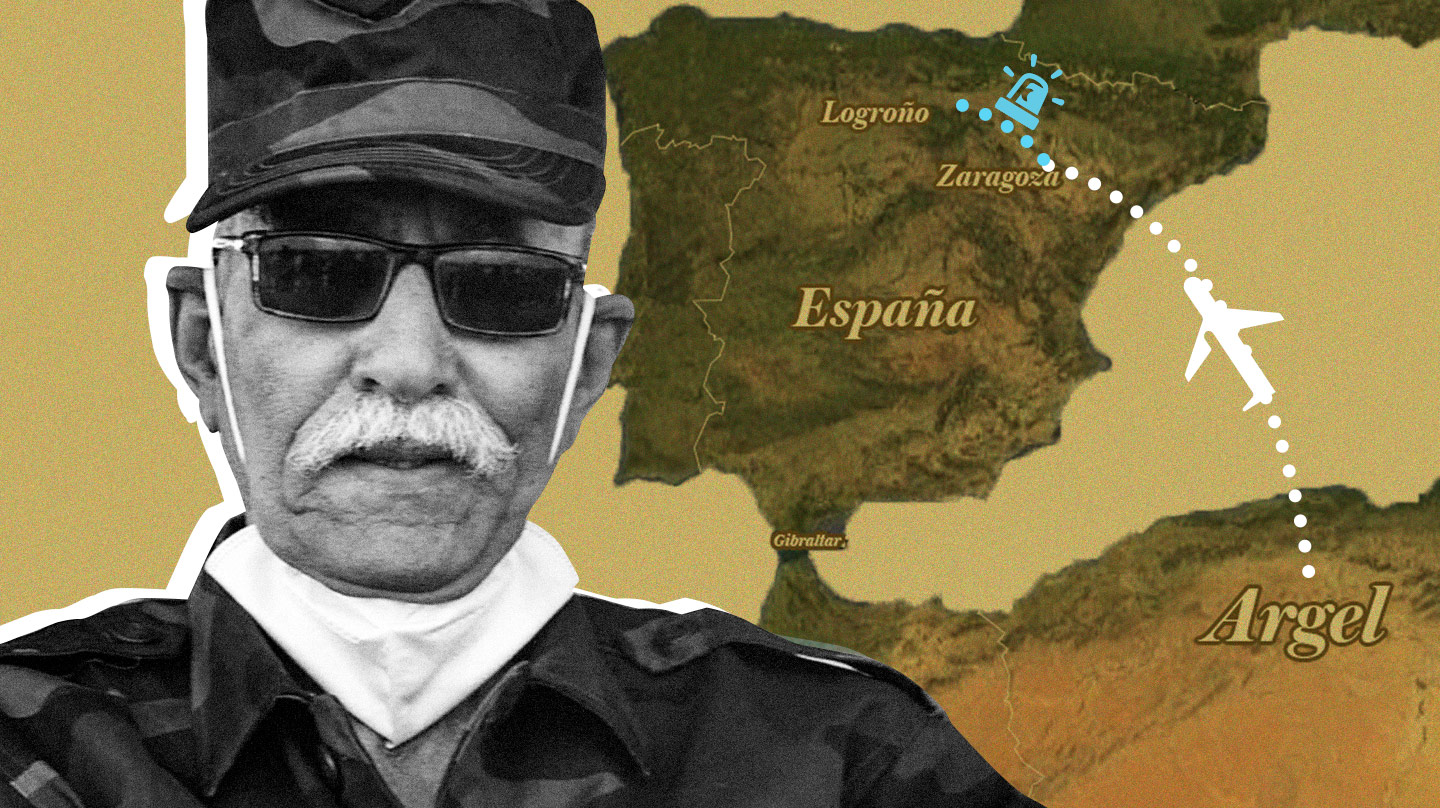 Imagen del líder polisario Brahim Gali con un mapa de su viaje a Zaragoza y de Zaragoza a Logroño en ambulancia