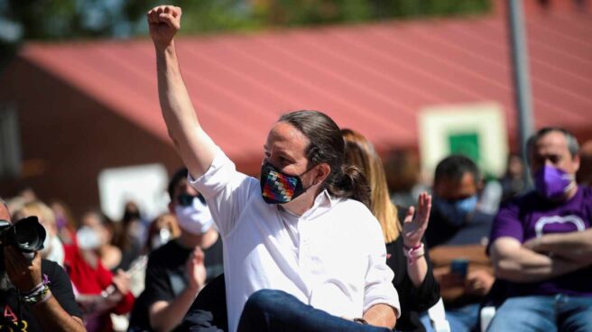 Acto de Unidas Podemos en Móstoles Pablo Iglesias, en un acto durante la campaña de las elecciones madrileñas