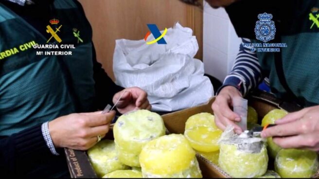 Unos agentes examinan unas piñas en las que se escondía cocaína.