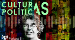 Imagen para el podcast de Culturas Políticas con Peter Mair en primer plano y carteles políticos de fondo