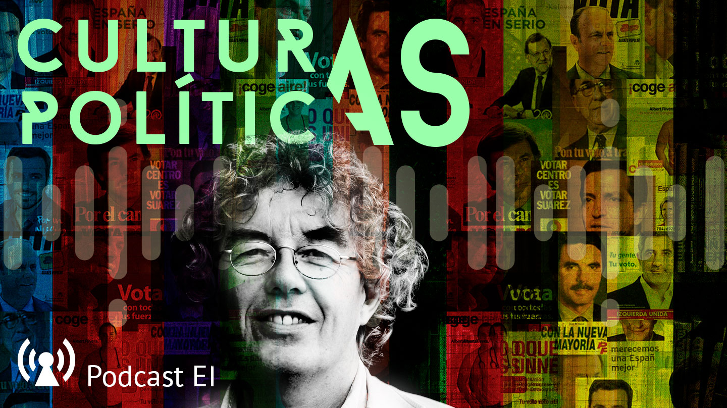 Imagen para el podcast de Culturas Políticas con Peter Mair en primer plano y carteles políticos de fondo