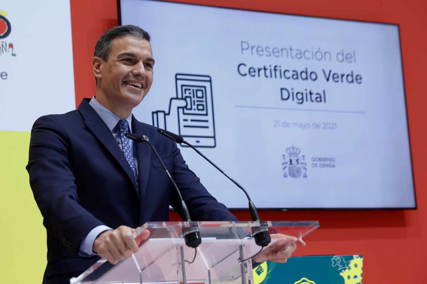 El presidente del Gobierno, Pedro Sánchez, pronuncia unas palabras durante la presentación del certificado verde digital