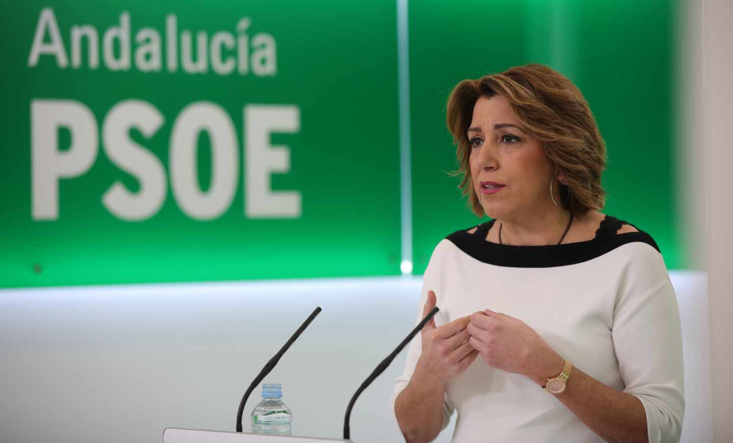 Susana Díaz, en una comparecencia informativa en la sede del PSOE andaluz.