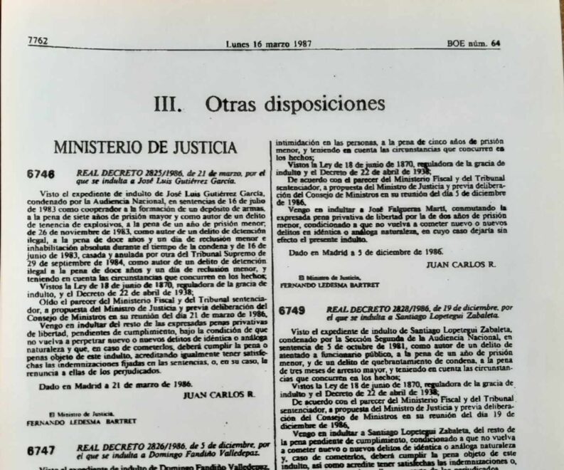 Boletín Oficial del Estado del 16 de marzo de 1987 que publica el indulto del preso de ETA, Santiago Lopetegi.