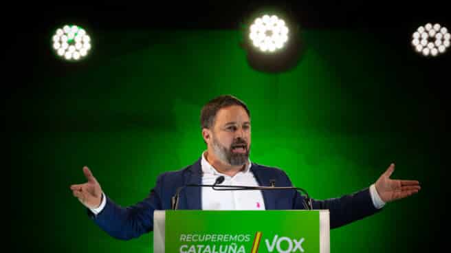 El presidente de Vox, Santiago Abascal, durante el acto de cierre de campaña del partido en Barcelona