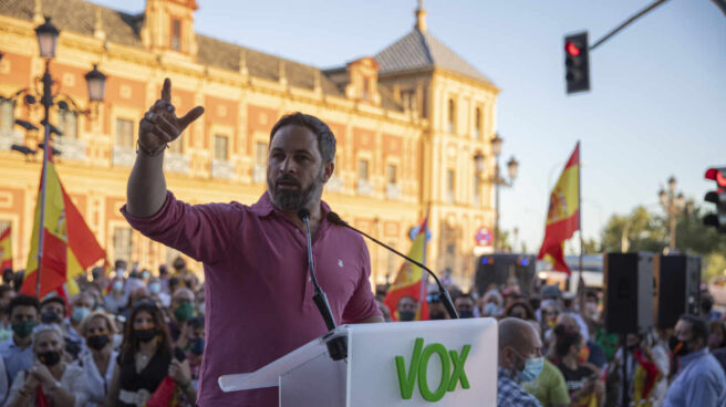 El sindicato de Vox convoca manifestaciones contra el precio de la luz el 18 de septiembre El presidente nacional de Vox, Santiago Abascal , durante una manifestación en Sevilla.