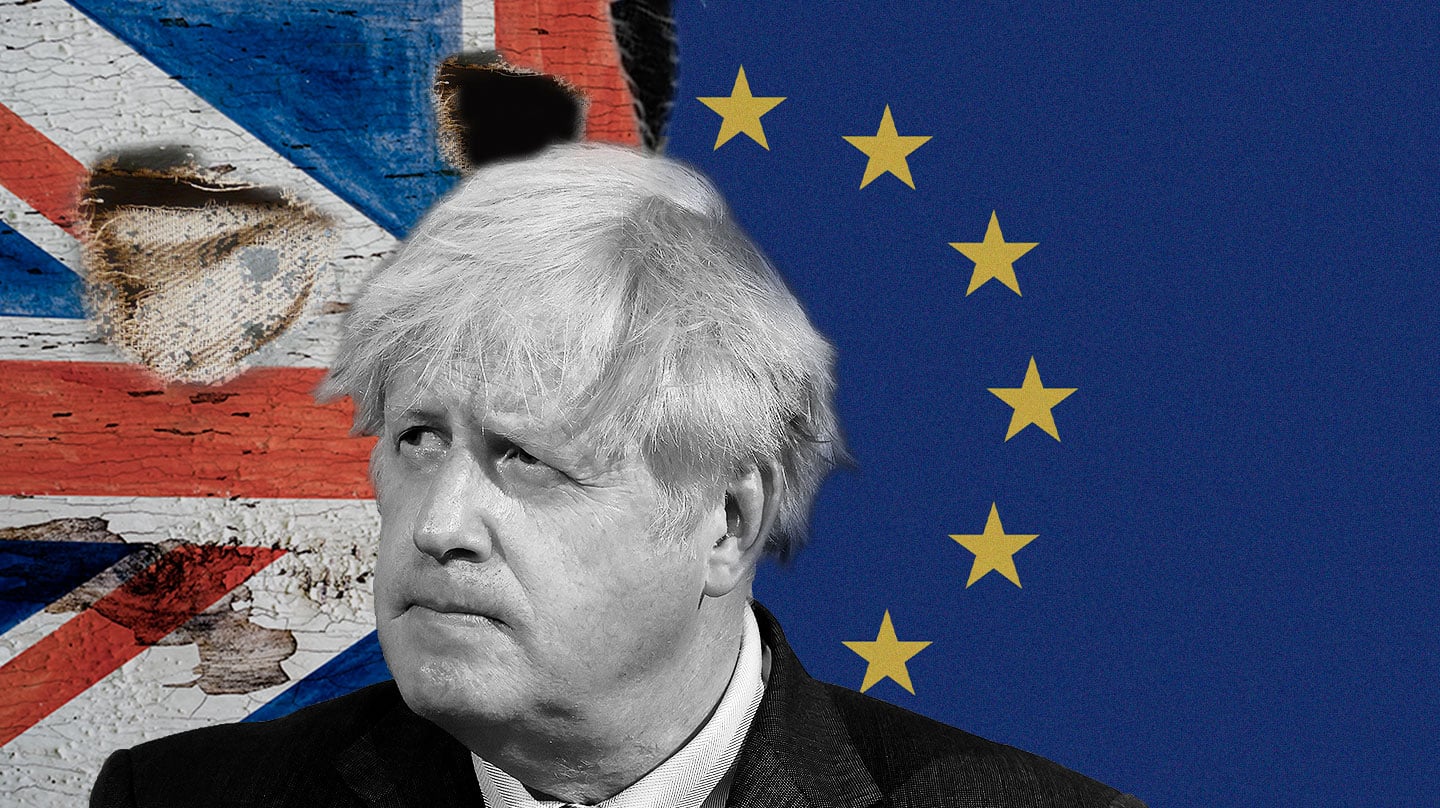 Imagen de Boris Jonson con la bandera detrás de Inglaterra y la de Europa