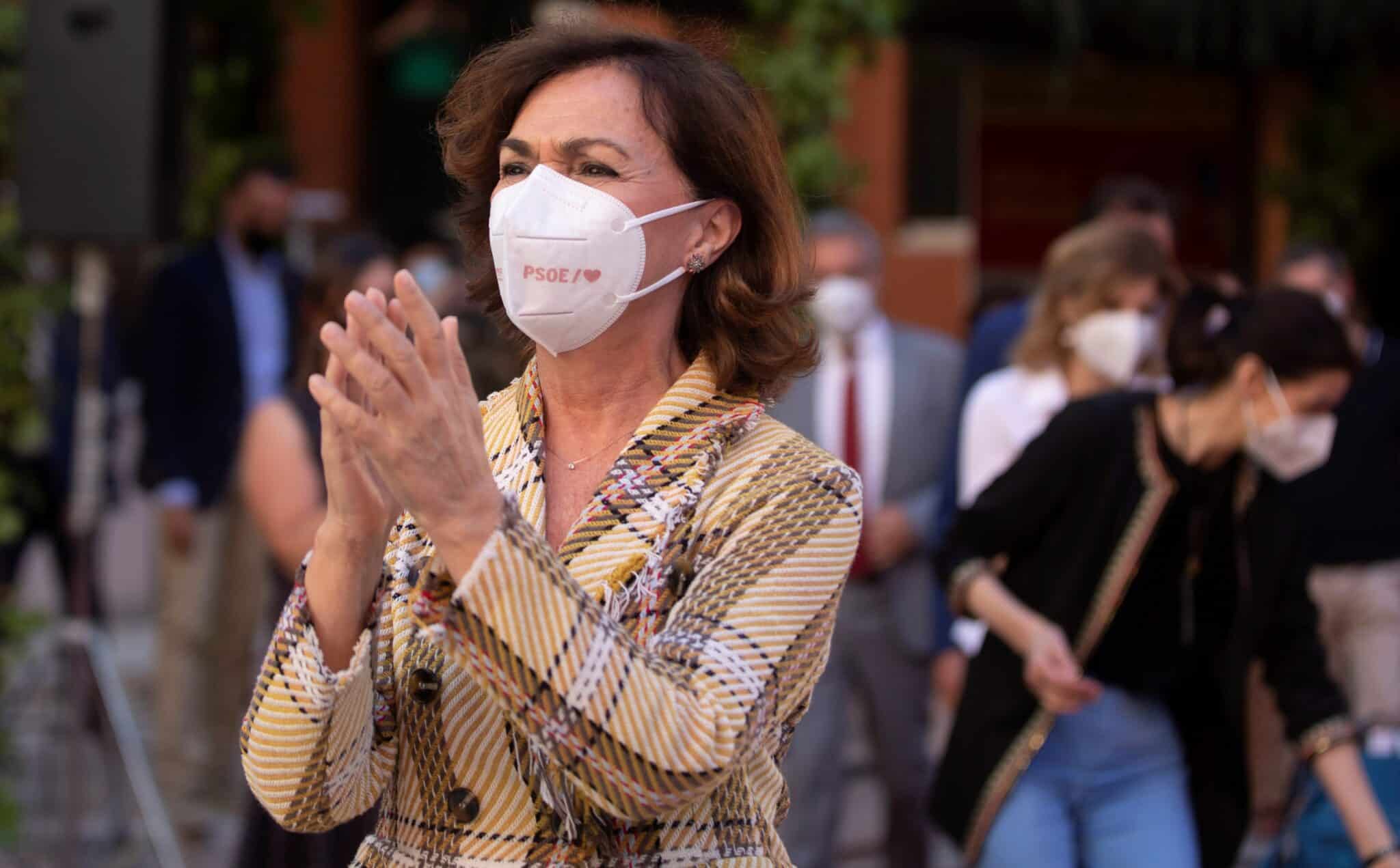 La vicepresidenta del Gobierno y secretaria de Igualdad del PSOE, Carmen Calvo, en un acto sobre memoria democrática celebrado este martes en Valladolid.