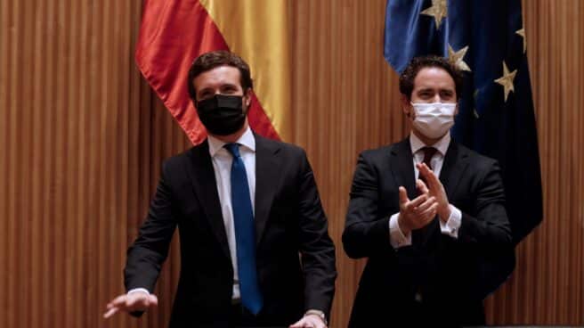 El líder del PP, Pablo Casado; y el secretario general, Teodoro García Egea, en el Congreso. El líder del PP, Pablo Casado; y el secretario general, Teodoro García Egea, en el Congreso.