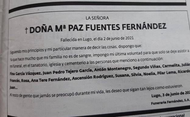 "Hace mucho que mi familia no es de sangre": la sorprendente esquela de una gallega