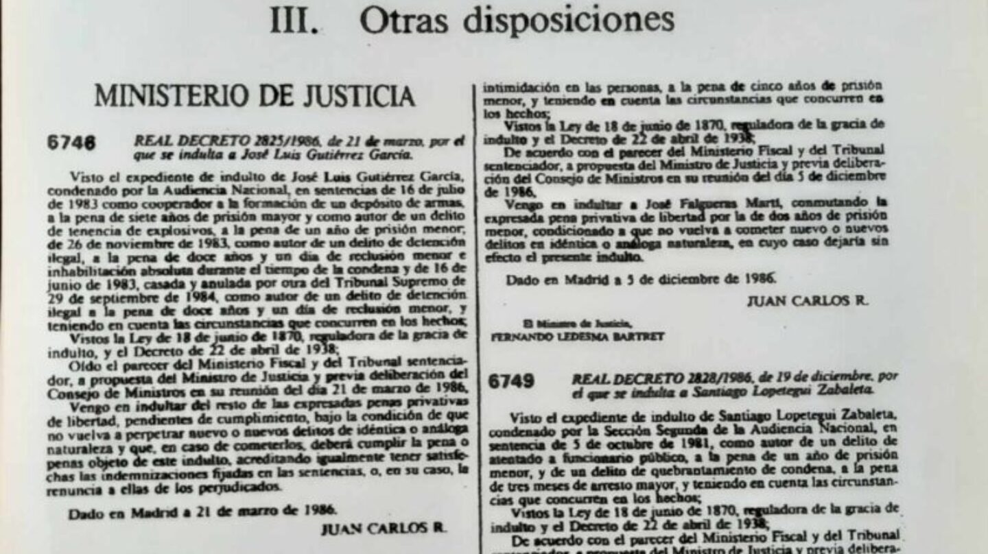 Boletín Oficial del Estado del 16 de marzo de 1987 que publica el indulto del preso de ETA, Santiago Lopetegi.