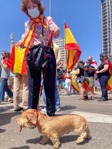 Una manifestante con su perra "Pepa" en los aledaños de Colón